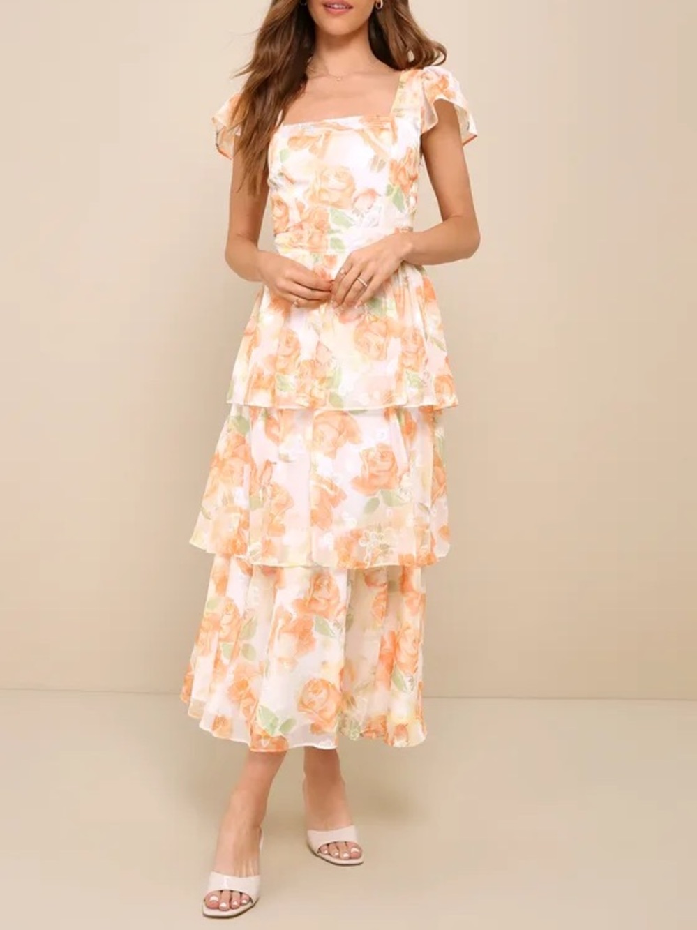 Beyond Beauty White and Orange Floral Burnout Tiered Midi Dress - Lulus